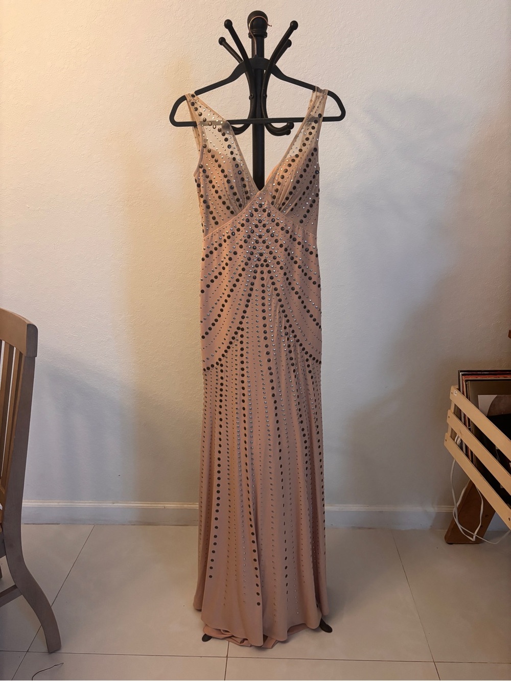 Jovani Blush Beaded V-Neck Maxi Gown